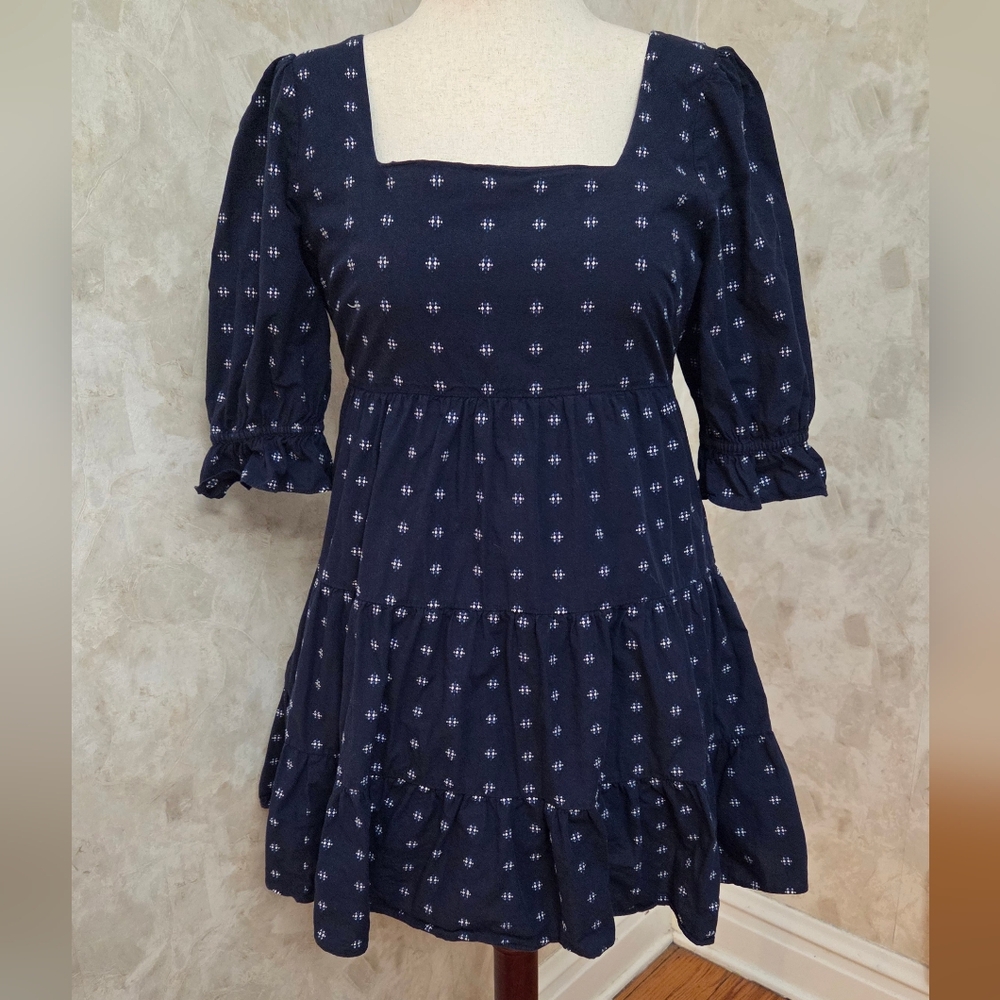 Madewell Navy Cotton Tiered Mini Dress Size 6 Square Neck Puff Sleeve - Picture 9 of 12